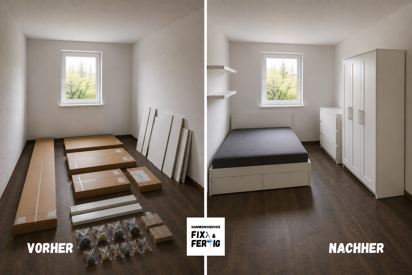 Möbel Montage. Bett, Schrank, Kommode, Regale Möbelpaket links, fertiges Schlafzimmer rechts mit Bett, Schrank, Kommode und Fenster.