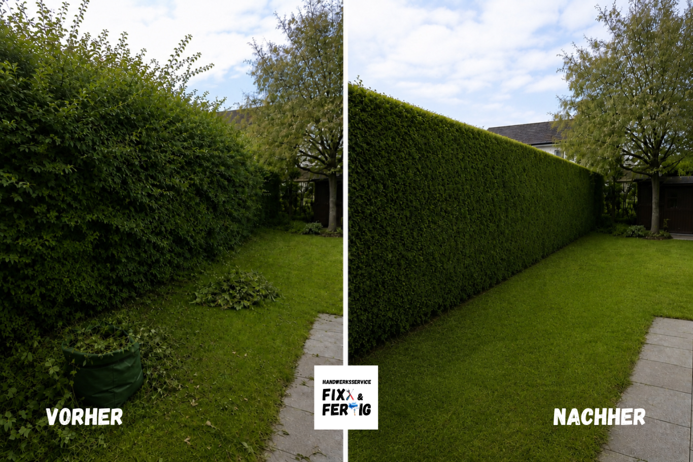 Heckenschnitt. Gartenarbeit. Landschaftspflege Vorher-Nachher-Vergleich eines Gartens mit geschnittenen Hecken und frisch gemähtem Rasen.