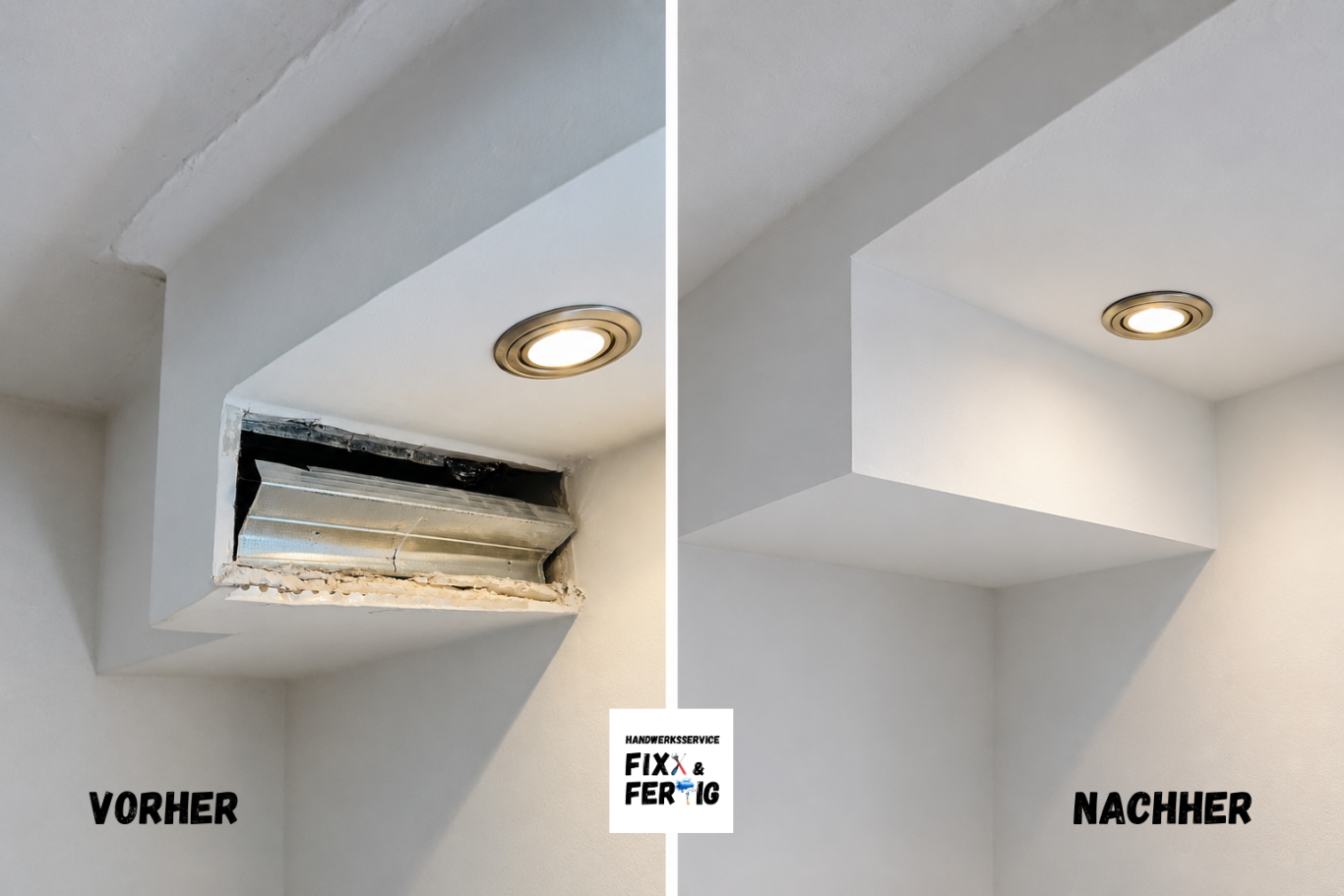 Trockenbaureparatur, Trockenbau Vergleich von einem kaputten und einem renovierten und reparierten Trockenbau mit Licht.