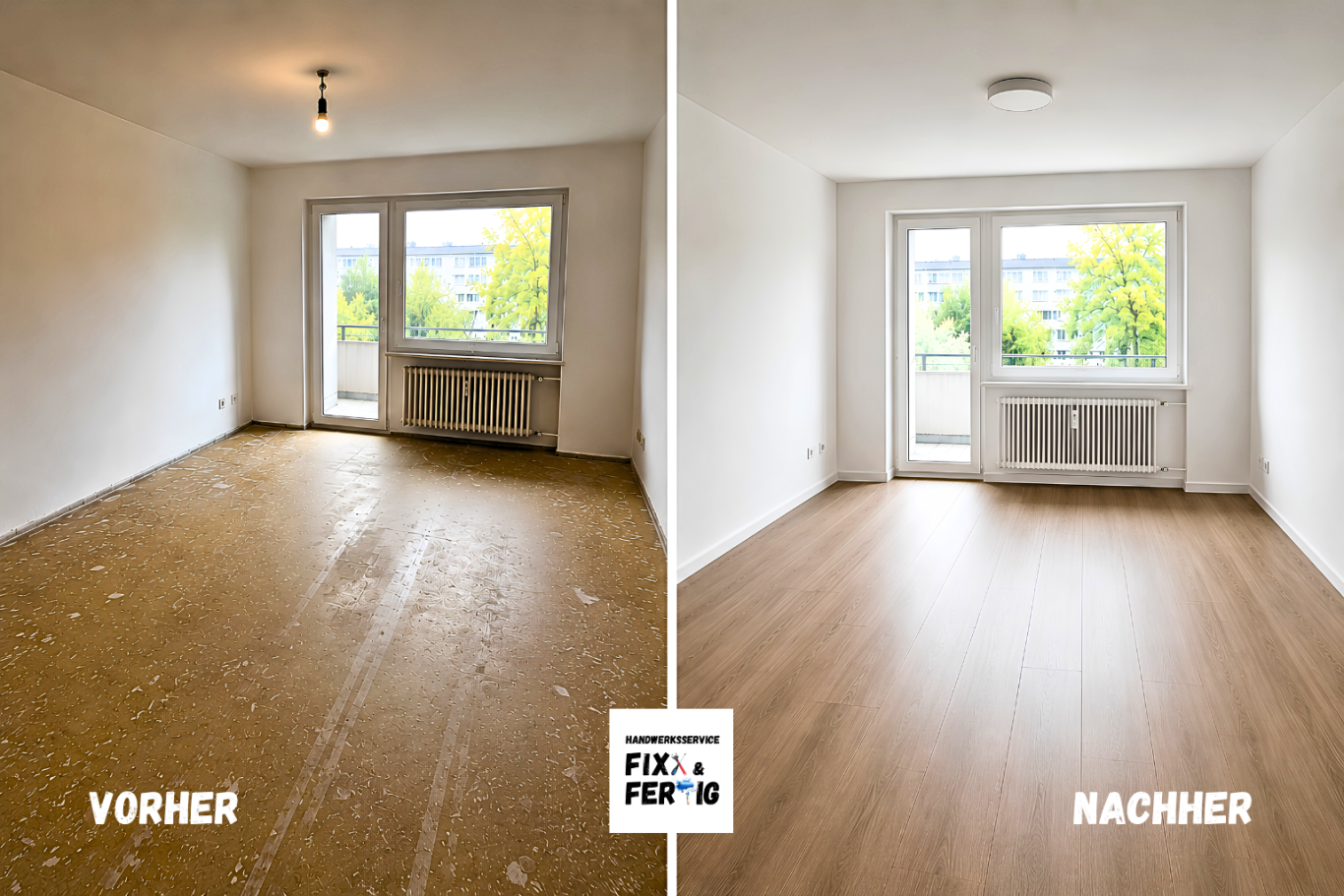 Bodenverlegung Vergleich von einem alten und einem neu verlegten Fussboden. Parkett, Vinyl, Laminat.